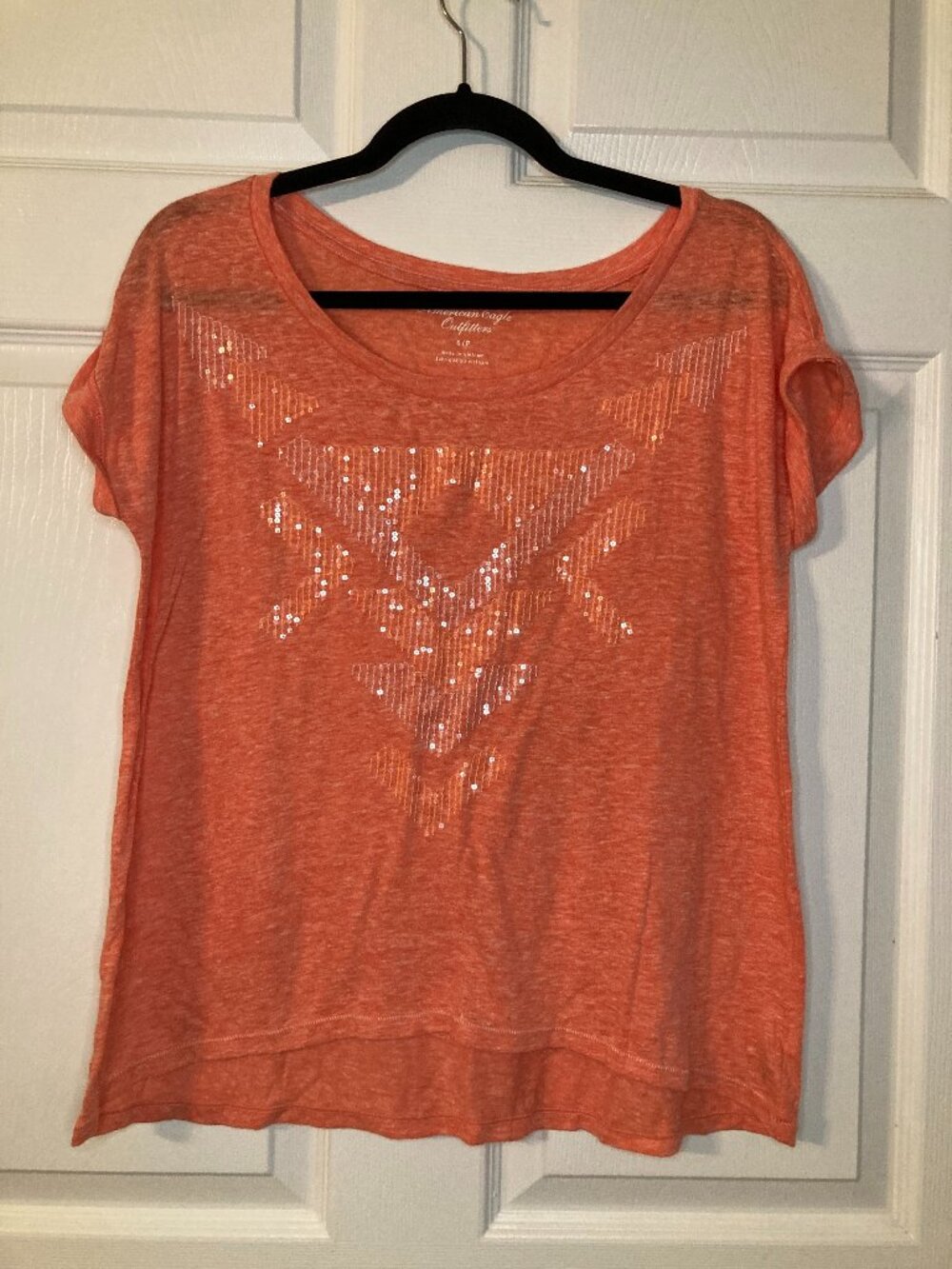 American Eagle Women's Orange Geometric Sequin Short Sleeve Top - Size S
